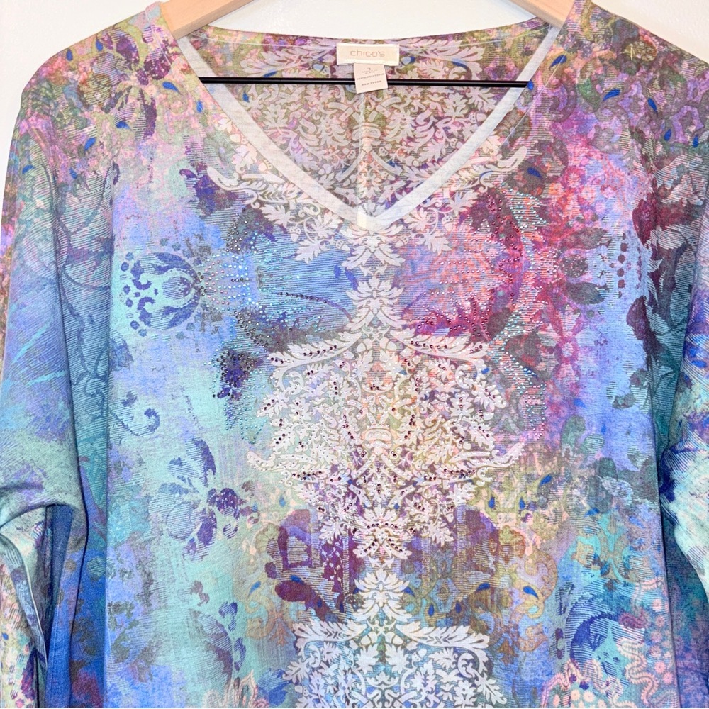 Chico's Blue Rainbow Graphic Tie Front Blouse 3/4 Sleeve Women’s Size 1 - Picture 2 of 11